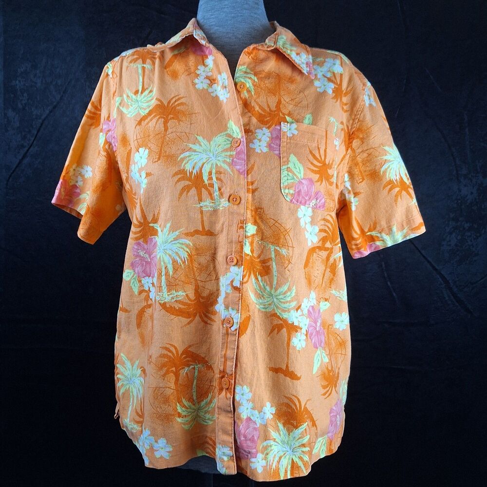 Sun Bay Cotton/Linen Size L Hawaiian Shirt Orange Palm Trees Vacation Tropical